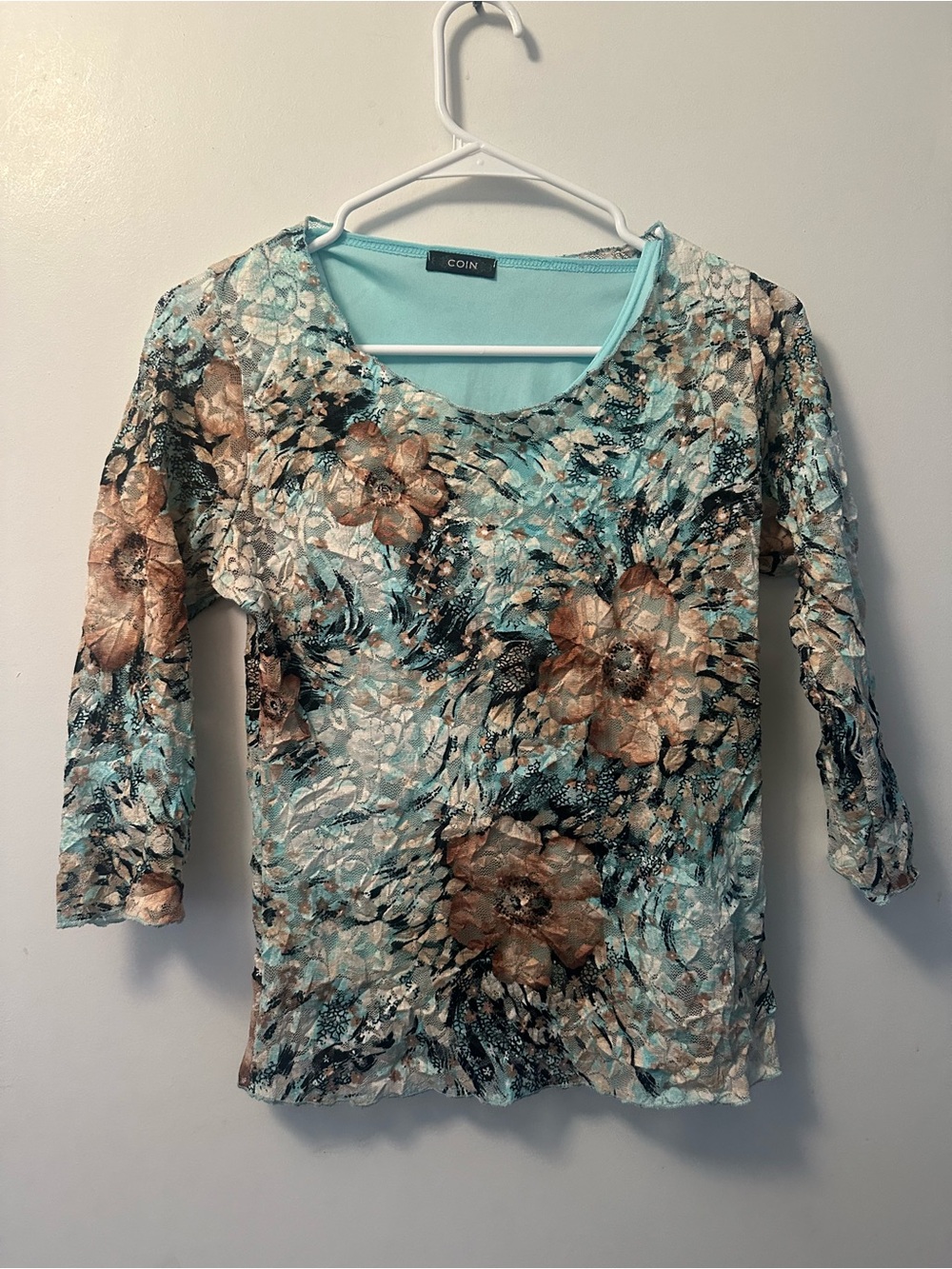 COIN Floral Lace-Overlay Long Sleeve Scoop Neck Top